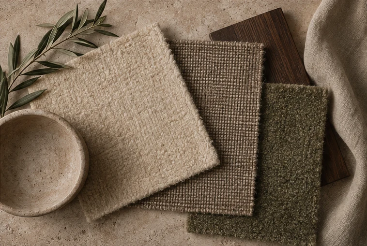 Materialmuster in Creme, Taupe und Oliv neben dunklem Holz, Leinen und einer Steinschale.