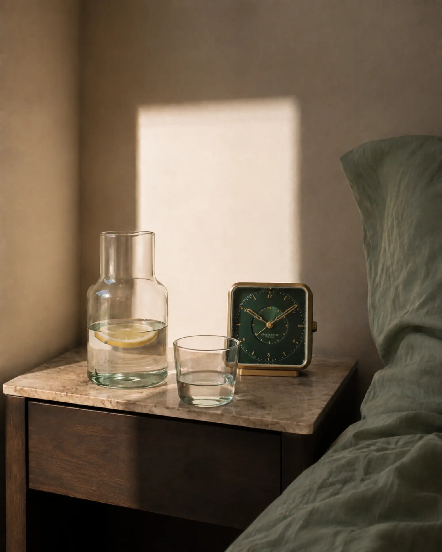 Morning bedside ritual with water carafe, glass, alarm clock and green linen bedding in warm natural light.