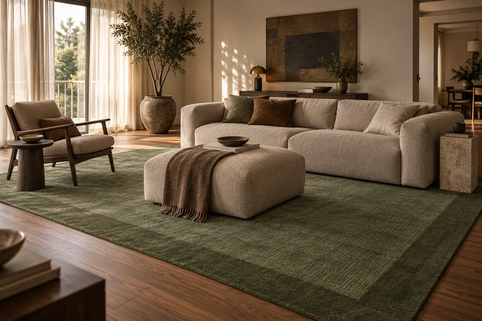 Wohnzimmer mit großem Teppich unter Sofa, Sessel und Couchtisch im warmen Tageslicht