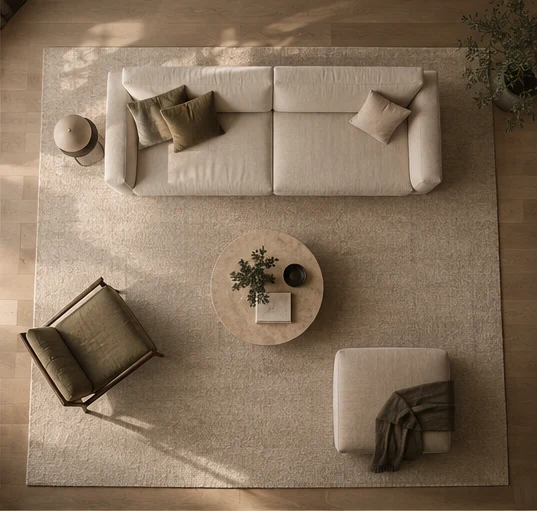 Blick von oben auf eine Sitzgruppe: Sofa, Sessel und Ottoman stehen gemeinsam auf einem großen hellen Teppich.