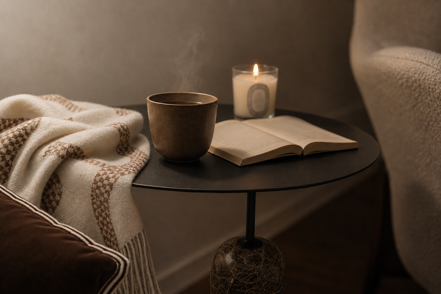 Beistelltisch mit Tasse, Kerze und aufgeschlagenem Buch