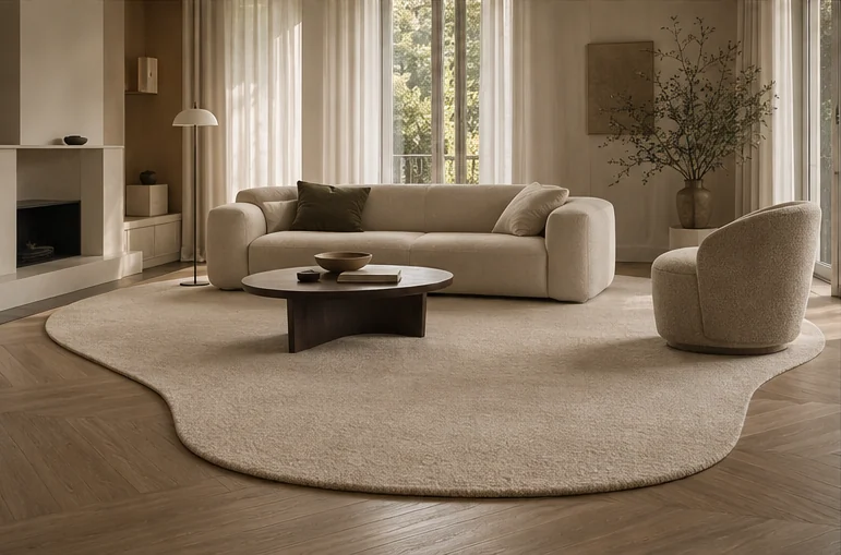 Ruhiges Wohnzimmer mit organisch geschnittem beigen Teppich, Sofa, Beistelltisch und Lounge-Sessel auf dunklem Holzboden.