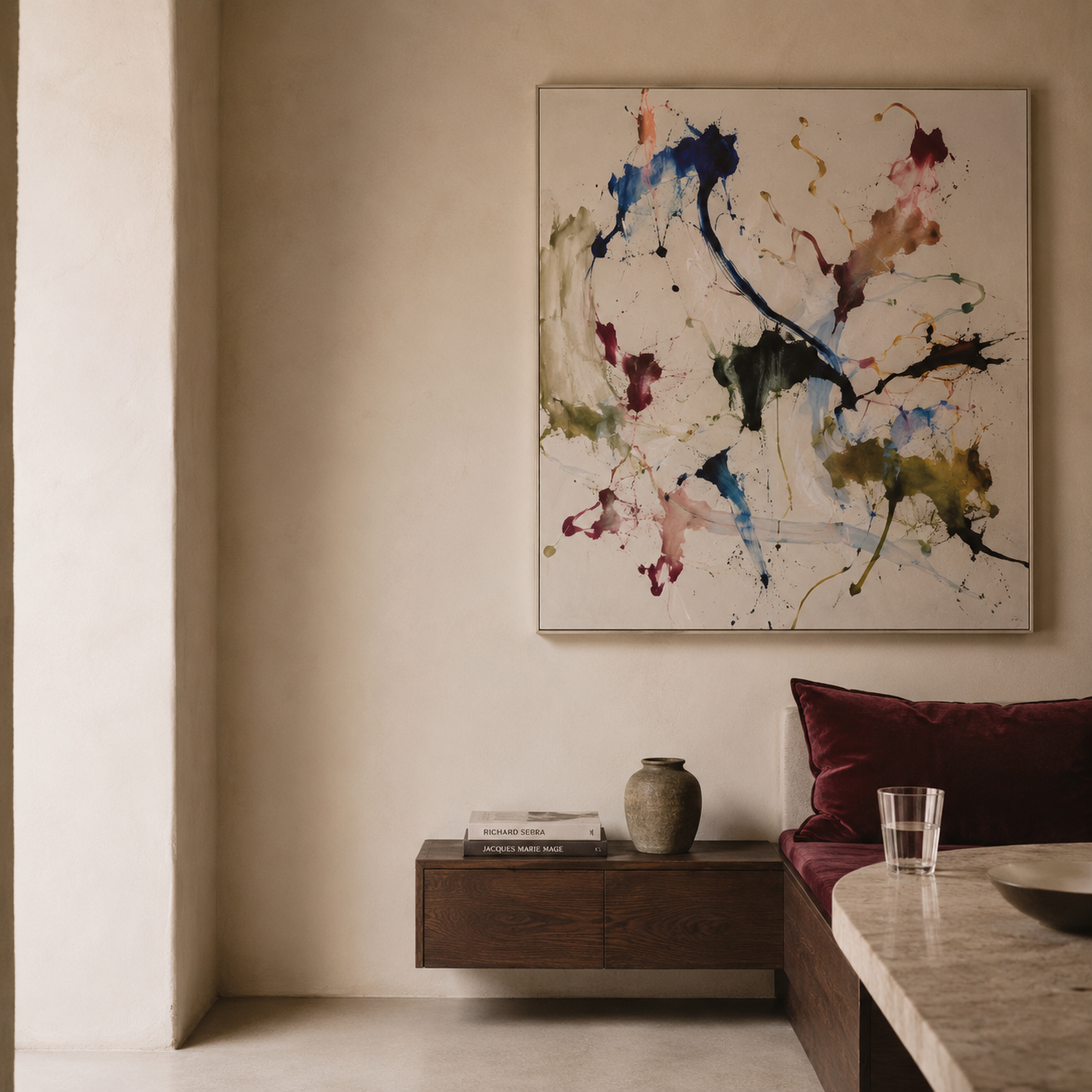 Warmer Wohnraum mit großformatigem abstraktem Kunstwerk, Kalkputzwand, dunklem Nussbaum-Sideboard und Travertintisch