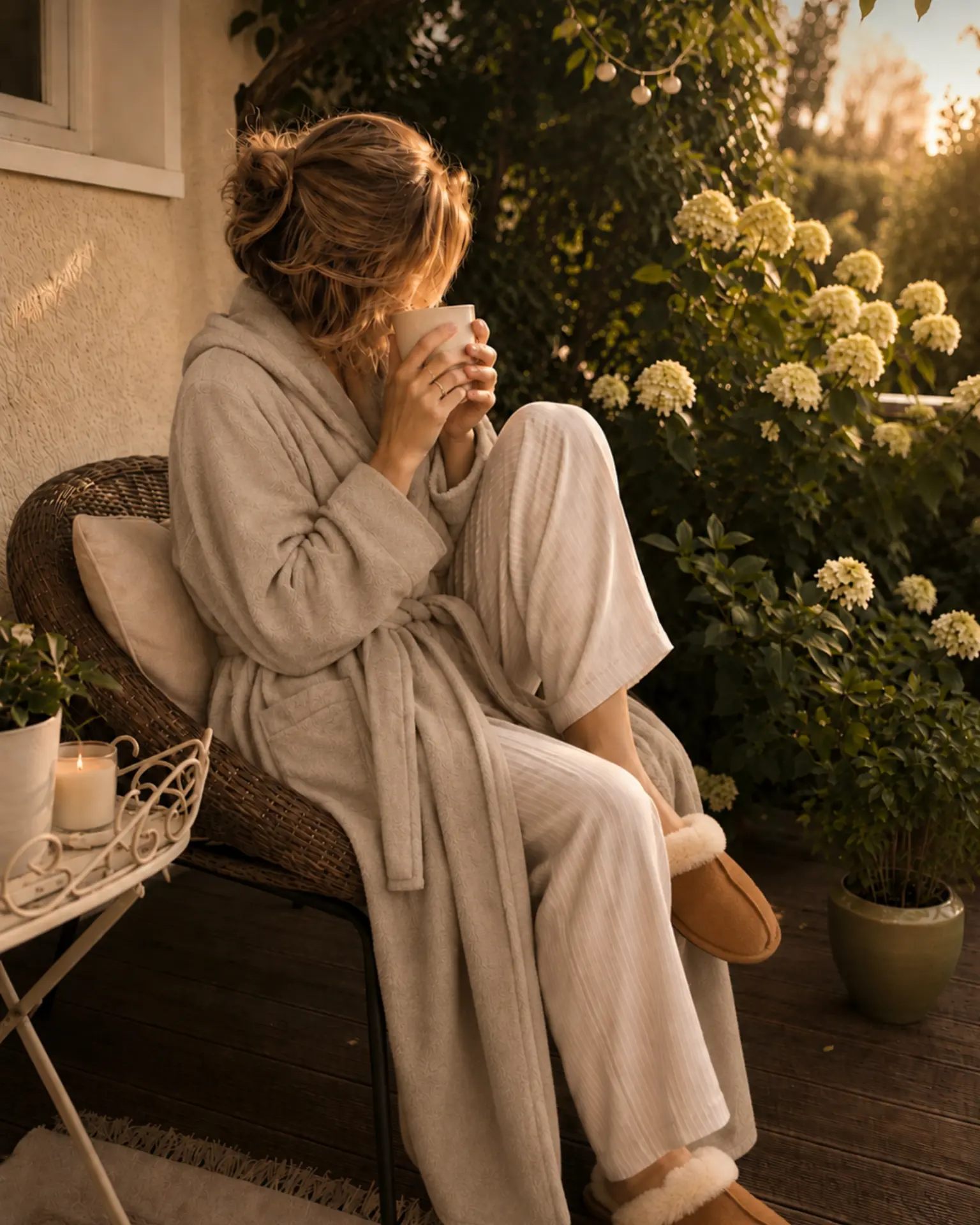 Ruhiger Morgen im Garten mit Kaffee, Bademantel und Hausschuhen im warmen Morgenlicht