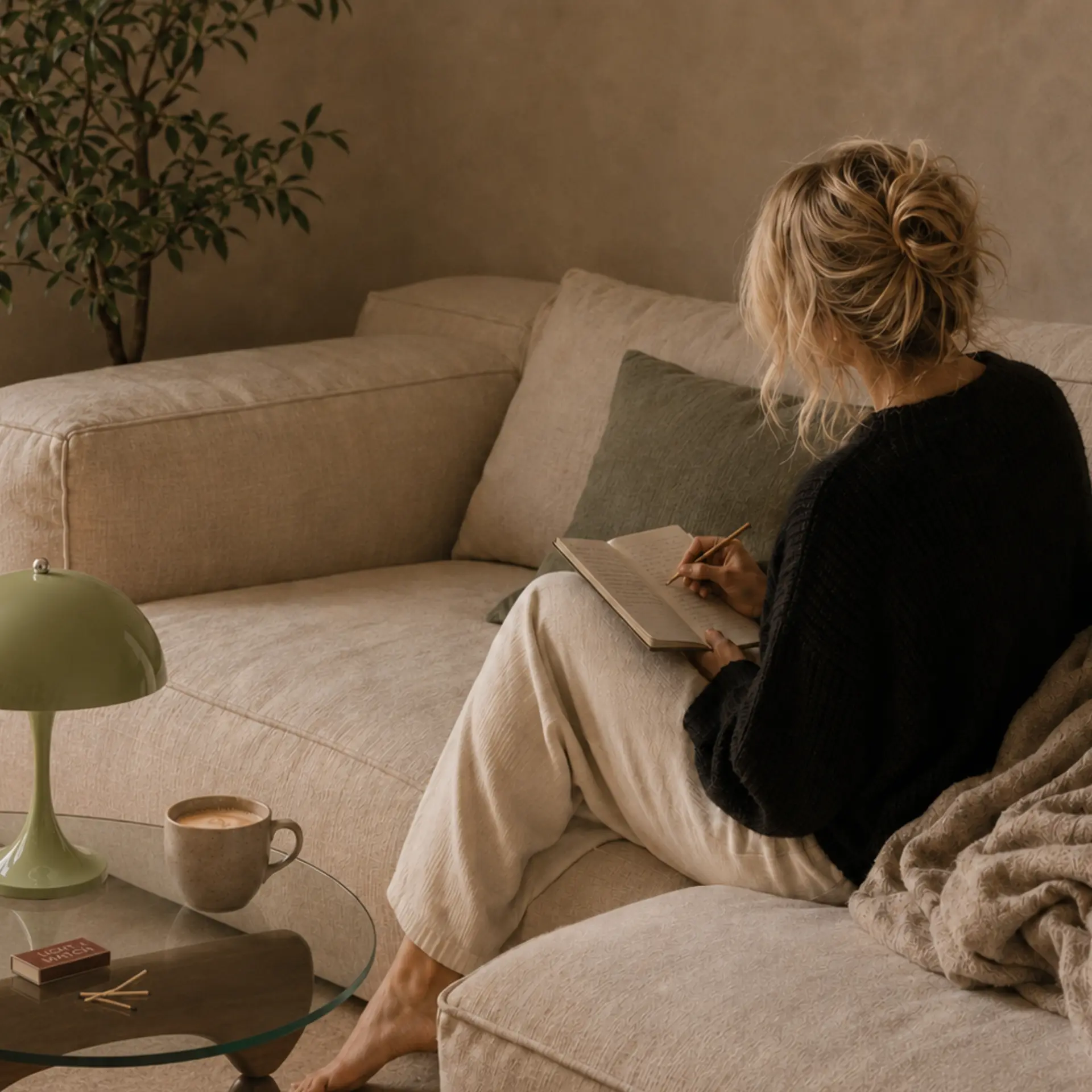 Frau auf einer hellen Couch mit Tagebuch, Kaffeetasse und Tischleuchte im warmen Wohnlicht