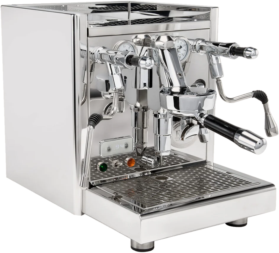 ECM Technika V Profi PID Espresso-Siebträgermaschine in Edelstahl, schräg von vorne