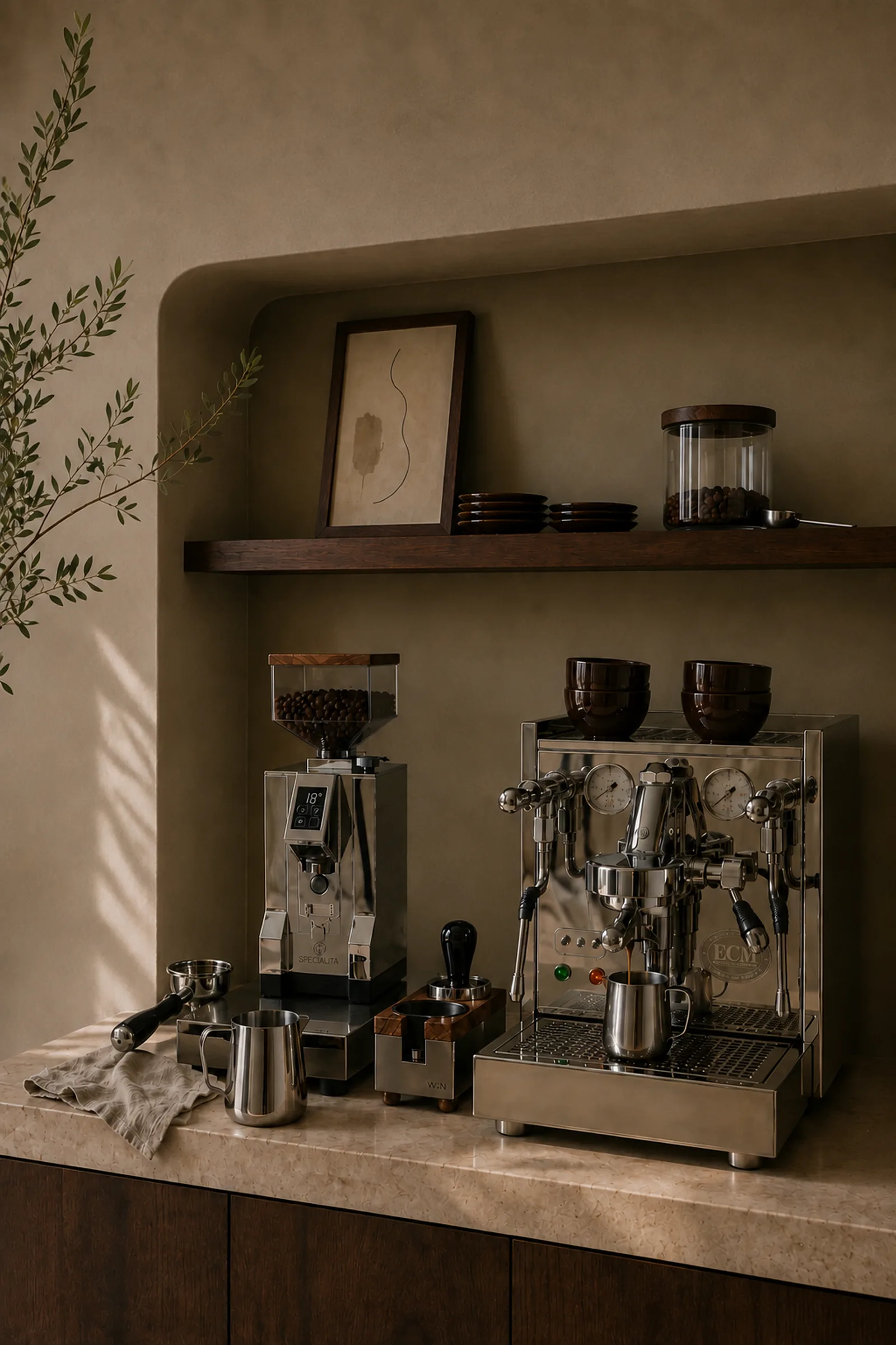 Ruhige Kaffeeecke mit Siebträgermaschine, Kaffeemühle, Tamperstation und Abklopfbehälter auf heller Steinablage