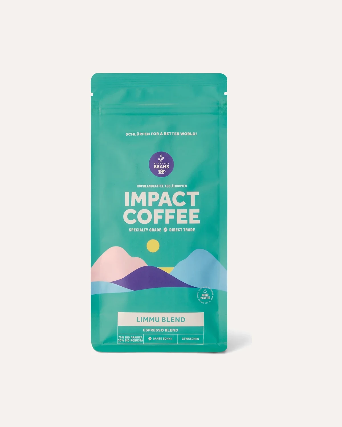 Impact Coffee Limmu Blend Omni-Roast Bio im türkisfarbenen Beutel