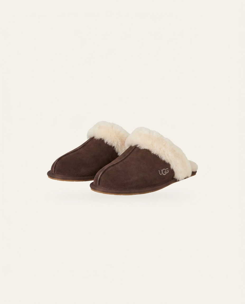 Hausschuhe aus sandfarbenem Veloursleder mit Lammfellrand auf warmem Off-White.