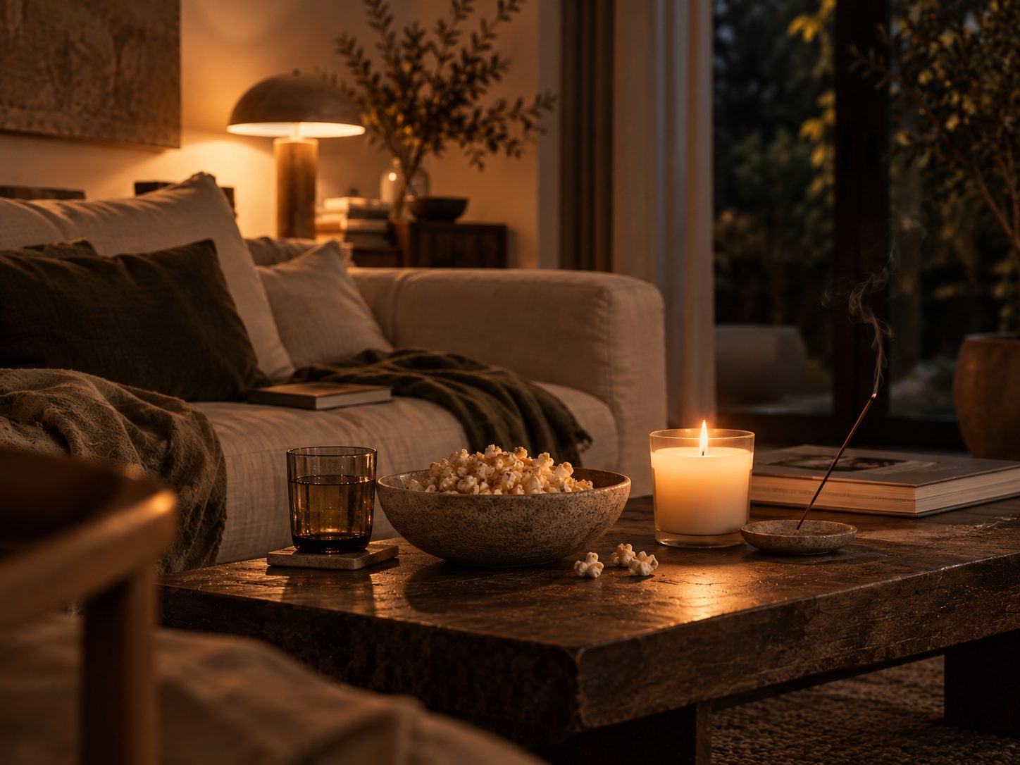 Couchtisch am Abend mit einer Schale Popcorn, brennender Kerze und Räucherstäbchen, dahinter Sofa und warme Tischleuchte.