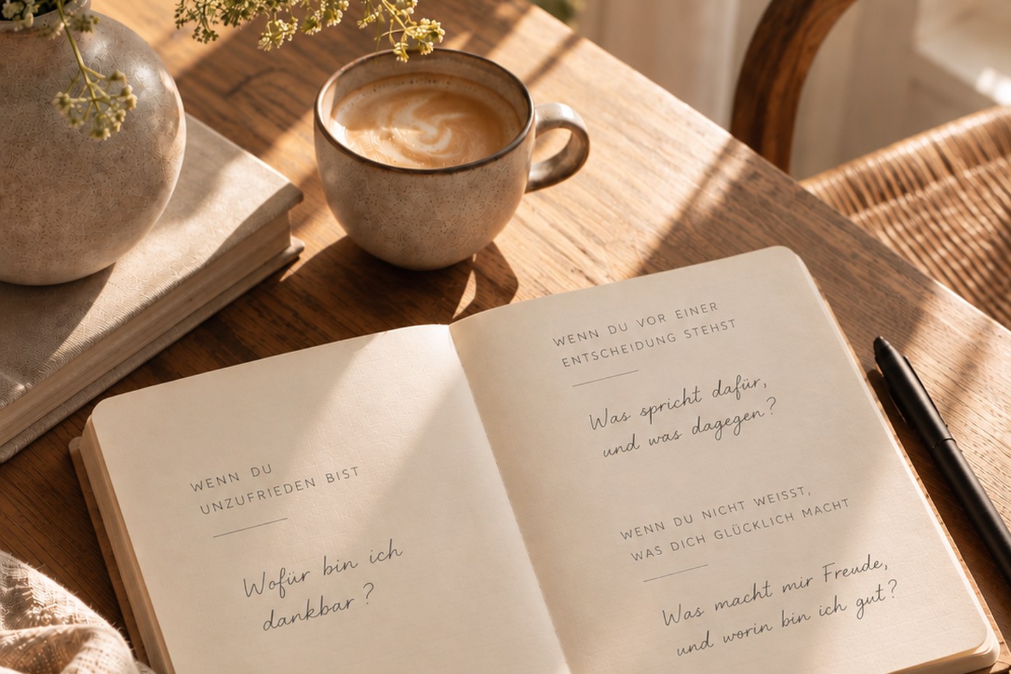 Aufgeschlagenes Journal auf einem Holztisch mit drei handgeschriebenen Fragen für verschiedene Stimmungen, daneben eine Tasse Cappuccino, ein Stift und eine Vase mit Wiesenblumen.