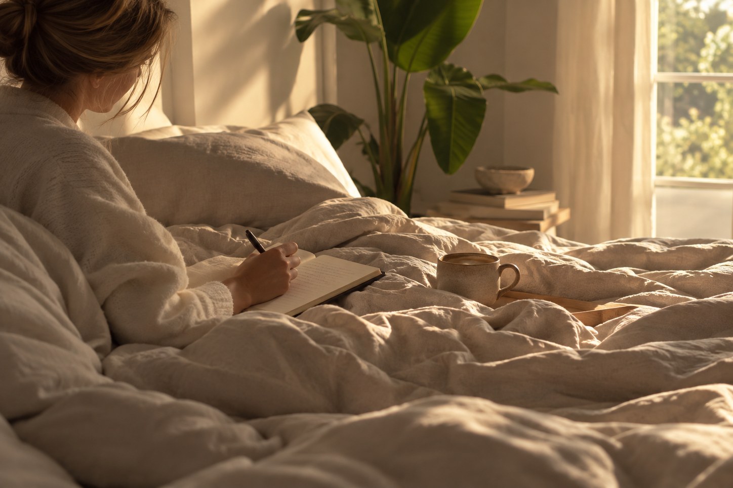 Frau schreibt morgens im Bett in ein Journal, neben ihr eine Tasse Kaffee auf einem Holztablett, warmes Licht fällt durchs Fenster.