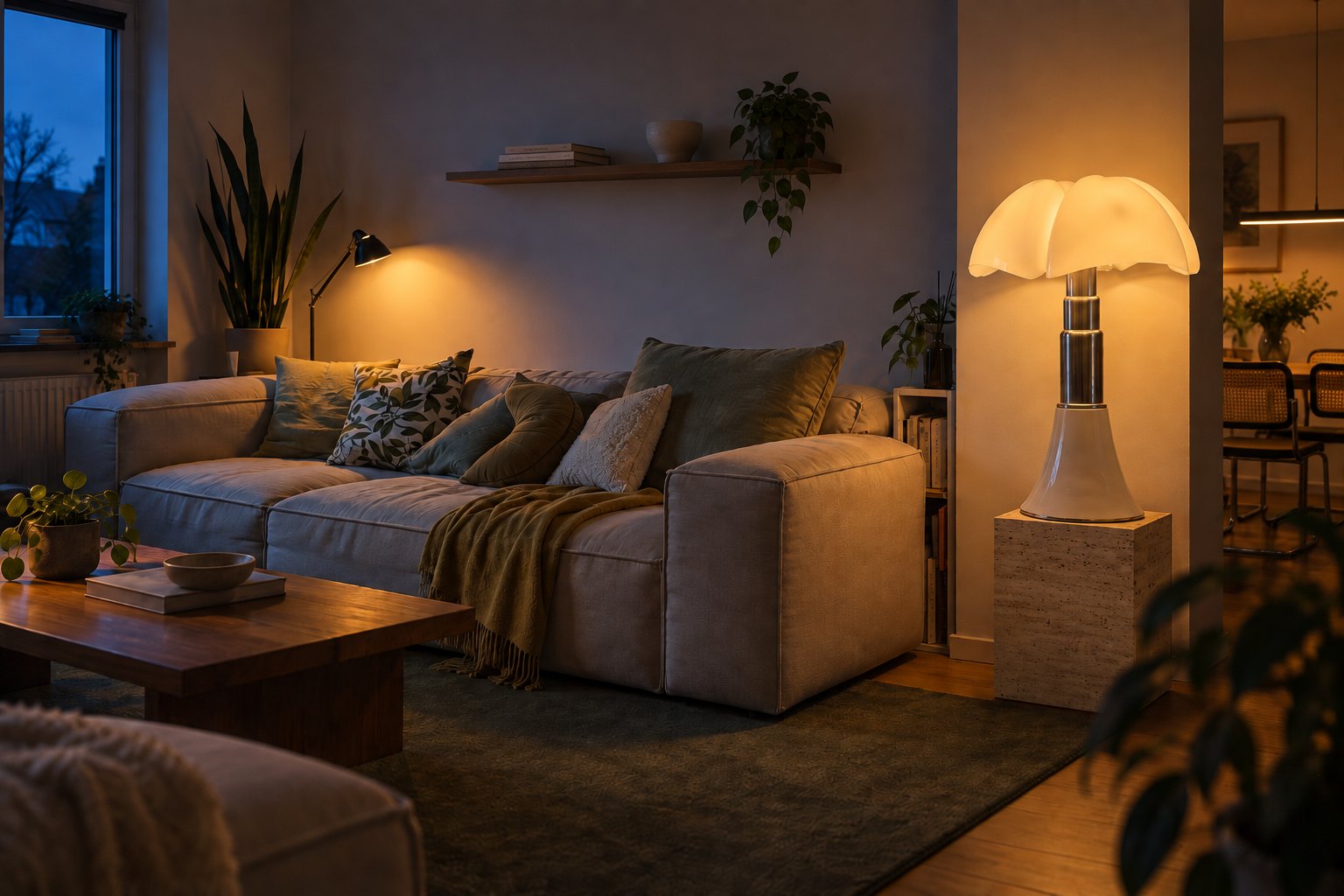 Wohnzimmer mit mehreren warmen Lichtinseln am Abend