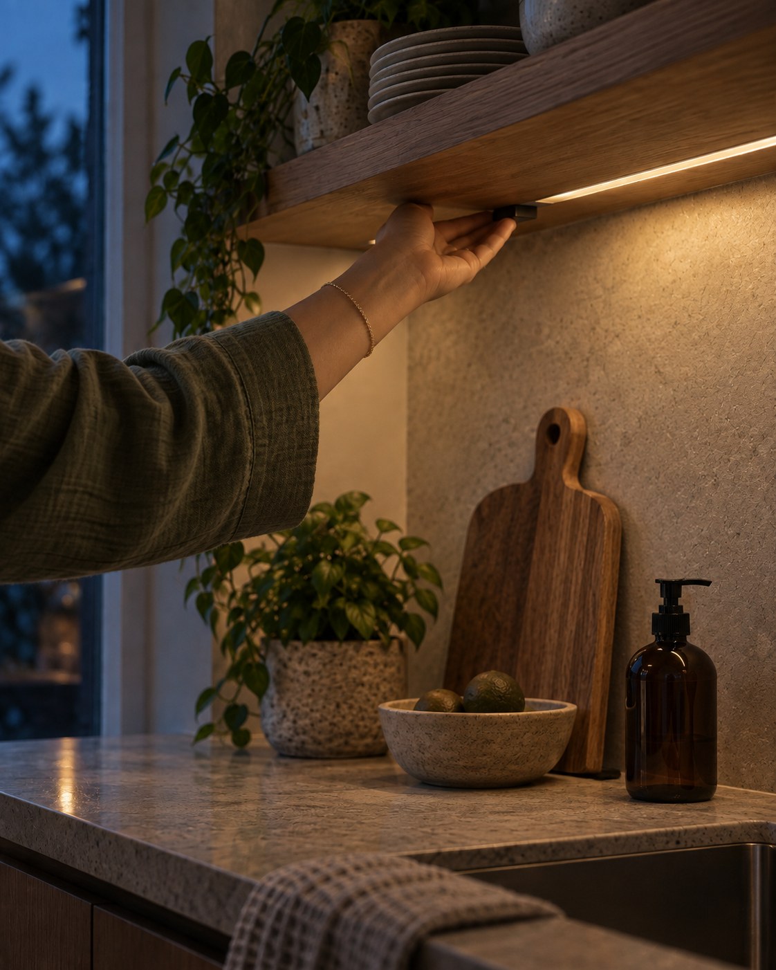 Hand dimmt warme Lichtleiste unter einem Küchenregal in der Morgendämmerung