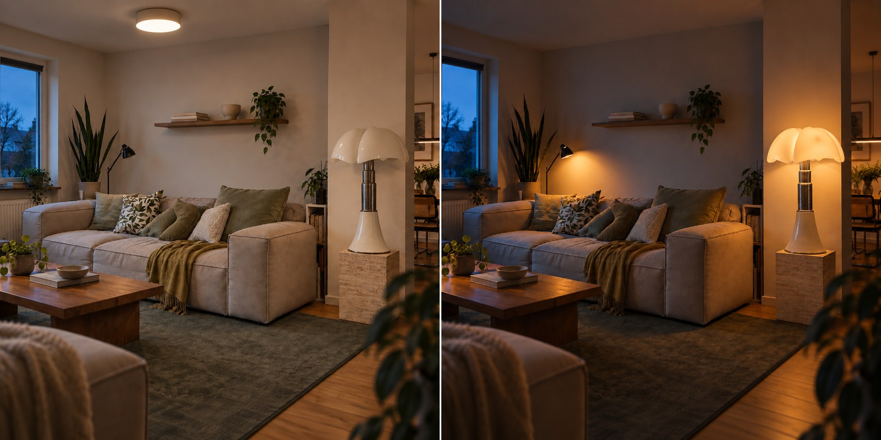 Vergleich zwischen gleichmäßigem Deckenlicht und mehreren warmen Lichtinseln im Wohnraum